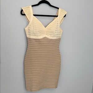 Cream and Tan Sleeveless Dress